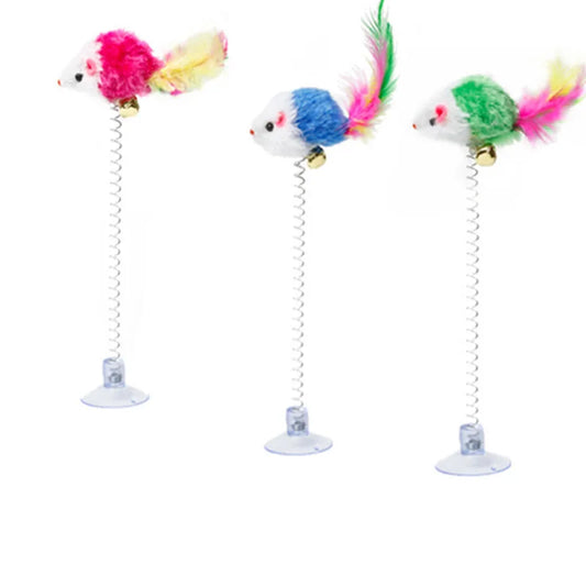 Swinging Mouse Toy - Suction Cup, Spring, and Feather Mouse Toy with Bell Sound, Interactive Cat Toy