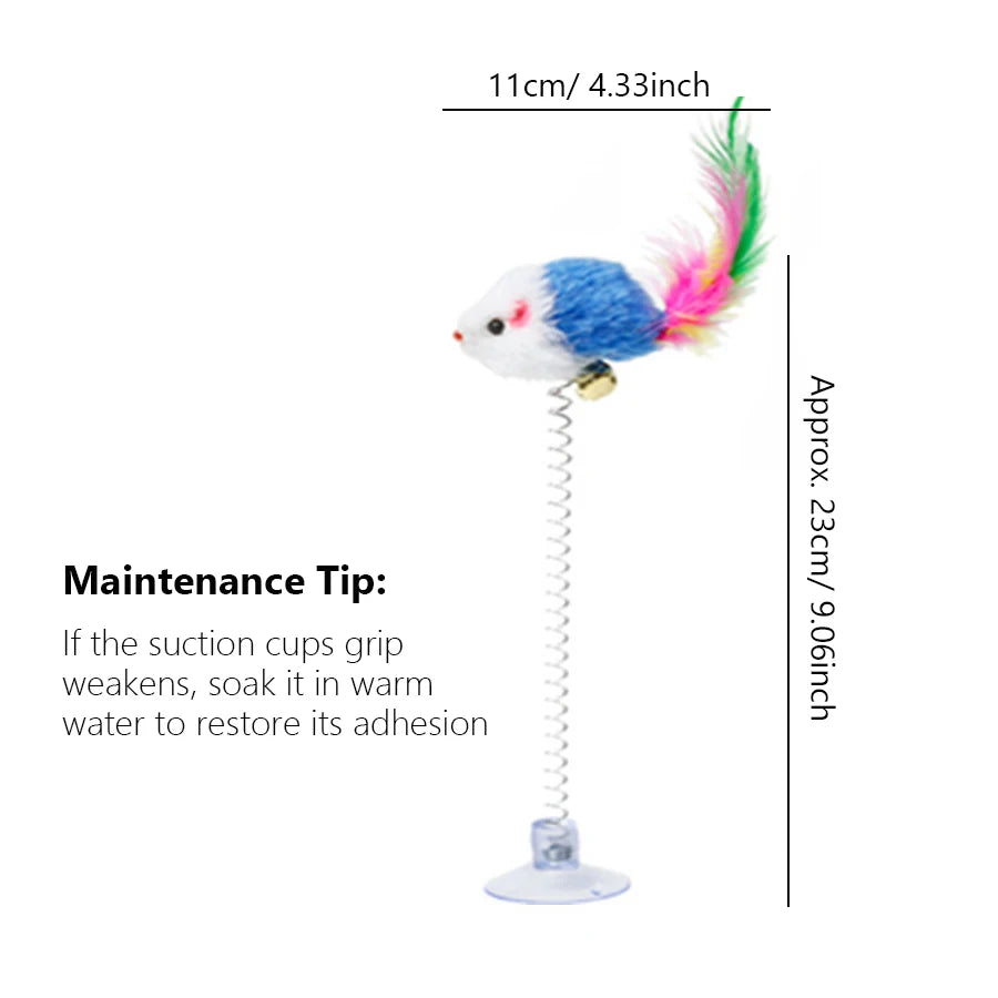 Swinging Mouse Toy - Suction Cup, Spring, and Feather Mouse Toy with Bell Sound, Interactive Cat Toy