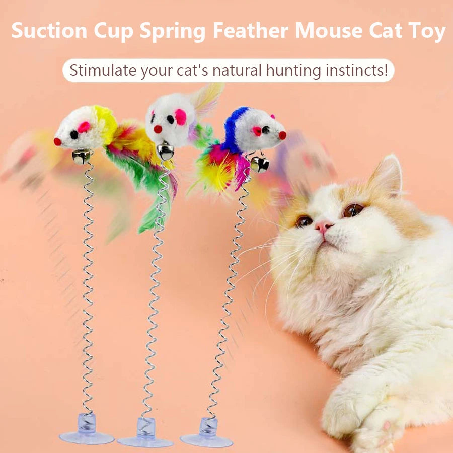 Swinging Mouse Toy - Suction Cup, Spring, and Feather Mouse Toy with Bell Sound, Interactive Cat Toy